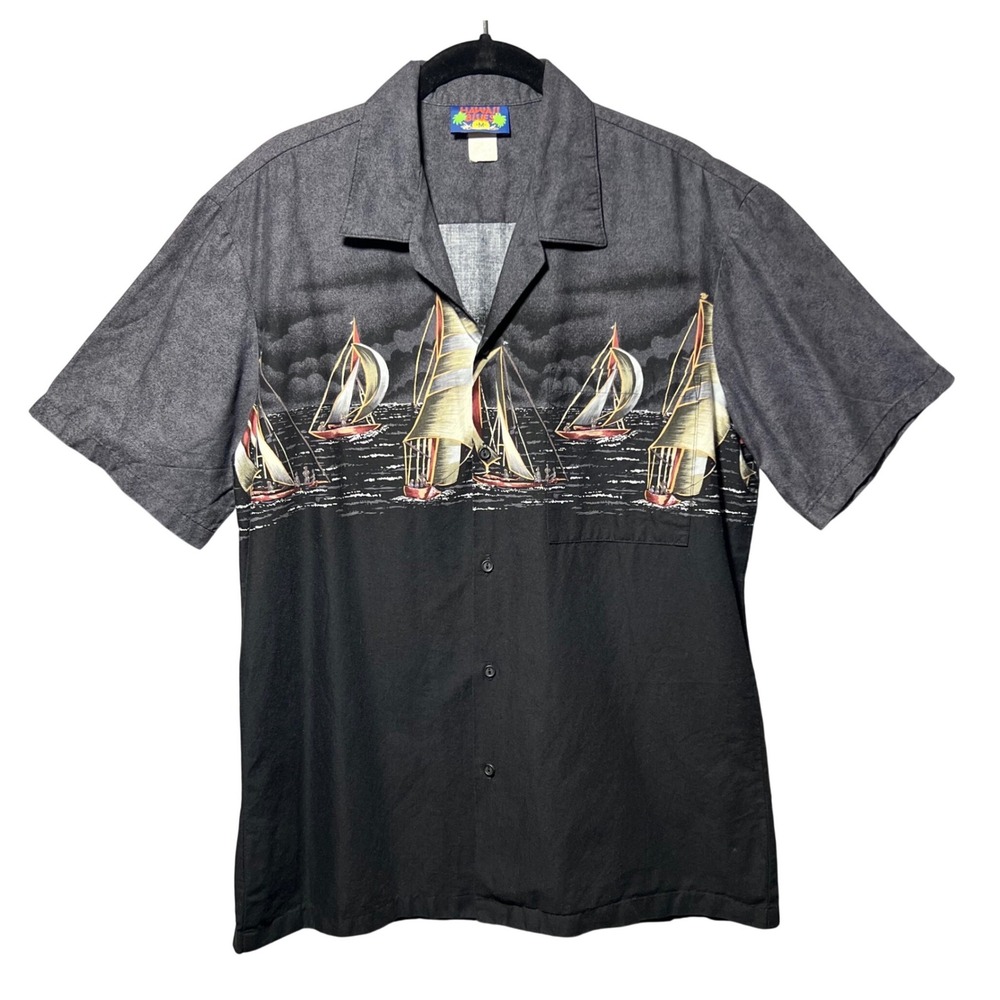 Vintage Hawaii Blues Aloha Shirt Sailboat Print Button Up Camp Shirt Black‎ M